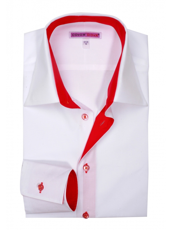 Men's plain white shirt with a bright red inner lining, simple cuffs