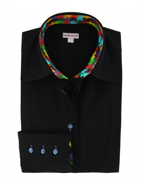 Women's black printed shirt with multicolored puzzle inner lining