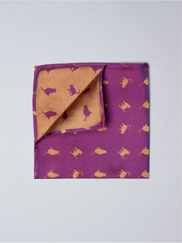 Purple pocket square with yellow cat patterns