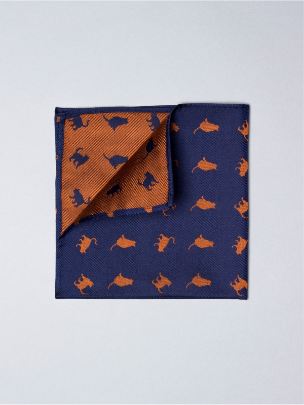 Navy blue pocket square with orange cat patterns