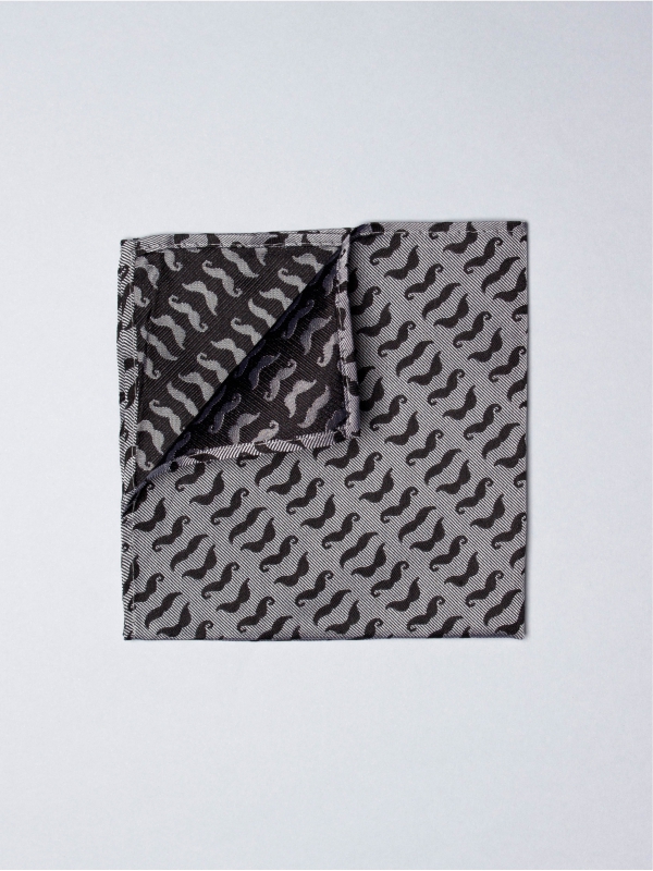 Grey pocket square with black moustache patterns