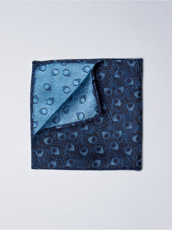 Black pocket square with blue peacock feather patterns