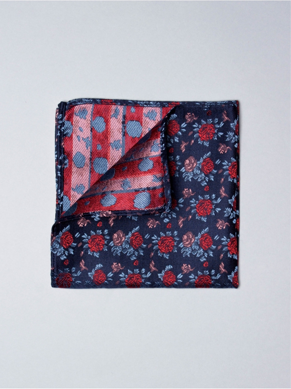 Navy blue pocket square with flower patterns