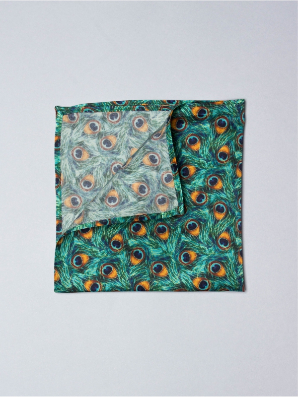 Green pocket square with peacock feather print