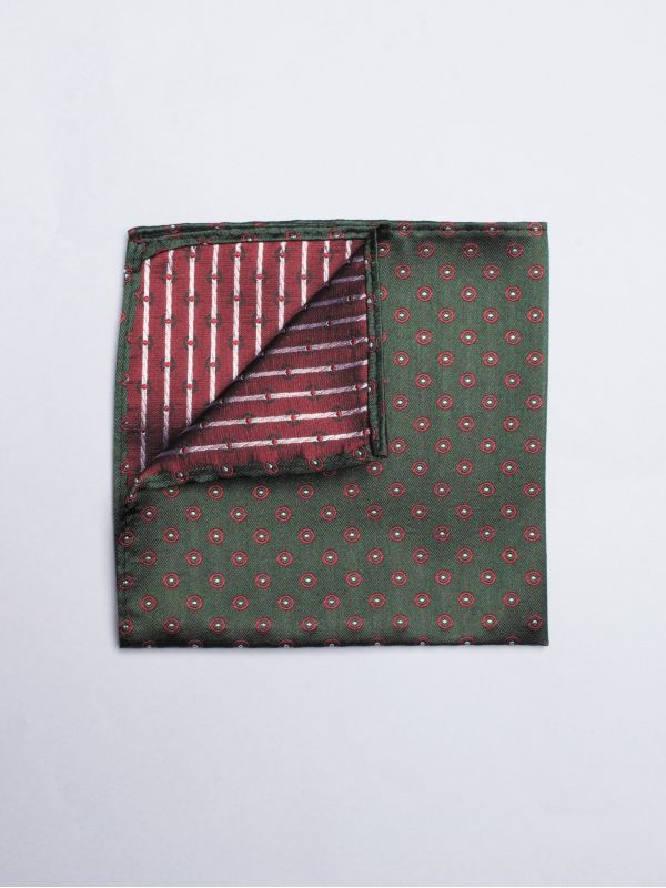 Forest green pocket square with red circles patterns 