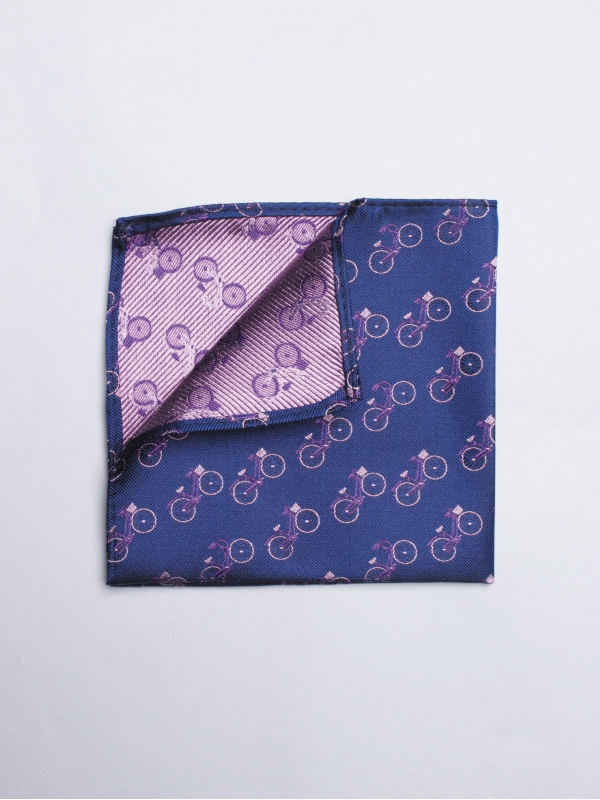 Navy pocket square with purple bicycles patterns