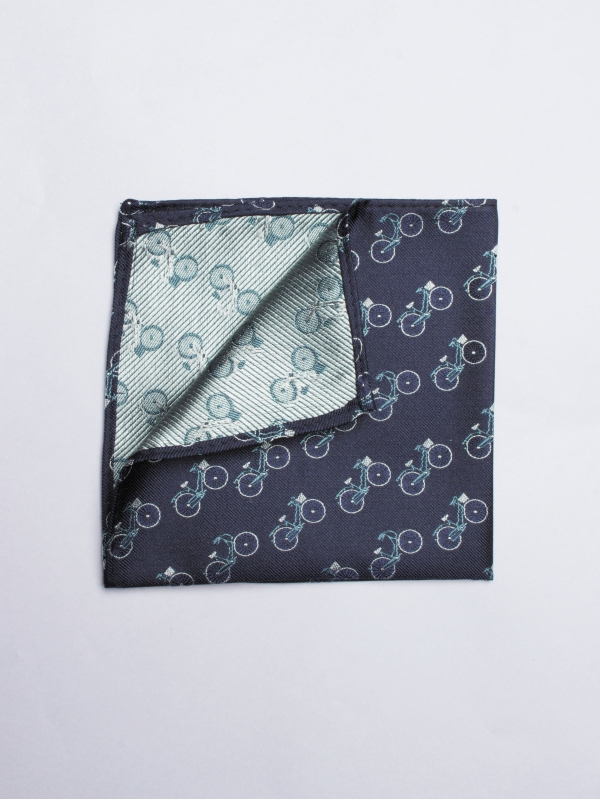 Midnight blue pocket square with purple bicycles patterns