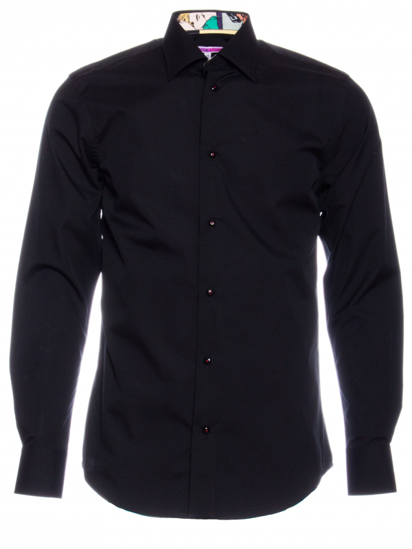 Men's plain black poplin regular shirt with kisses inner lining print