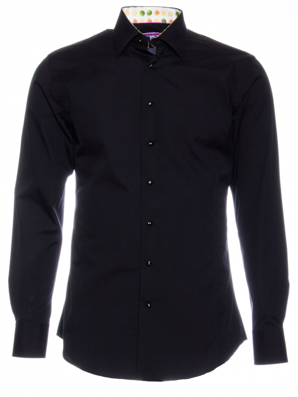 Men's plain black poplin fitted shirt with lemon inner lining print
