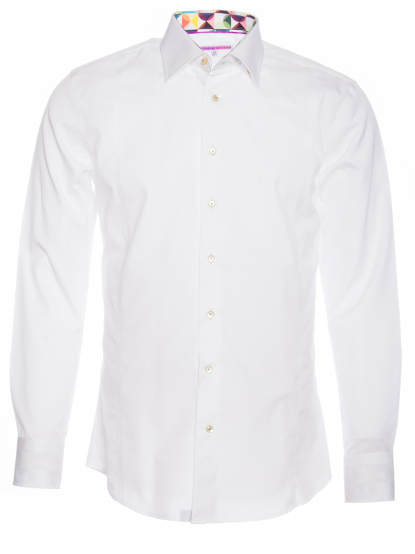 Men's plain white poplin fitted shirt with geometric inner lining print
