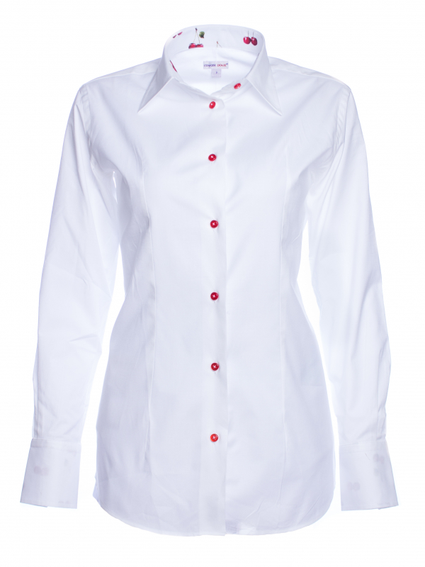 Women's white poplin fitted shirt with cherry inner lining print