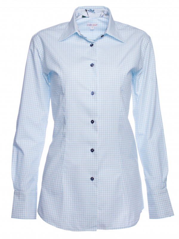 Women's blue houndstooth fitted shirt with dragonfly inner lining print