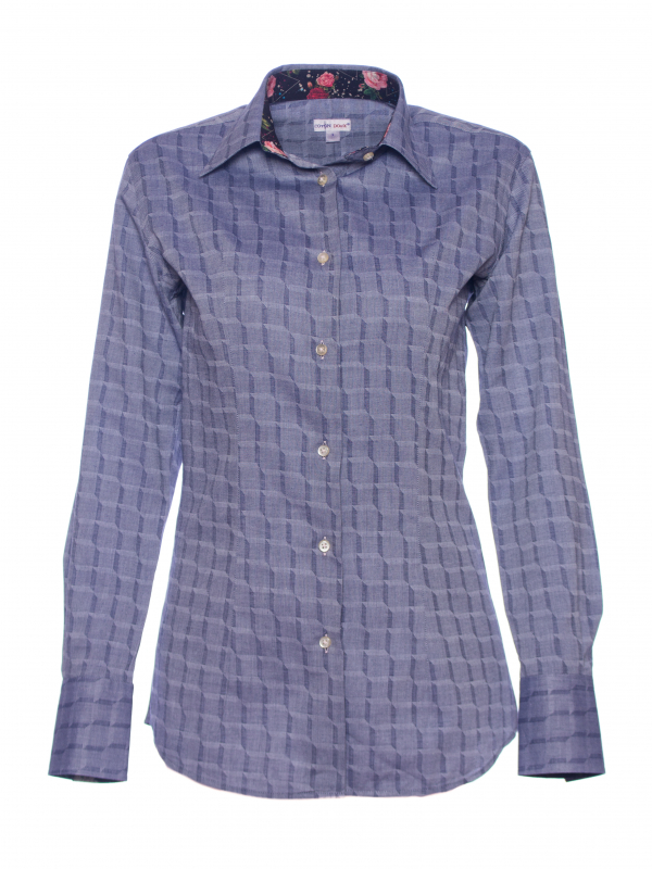 Women's denim fitted shirt with rose inner lining print