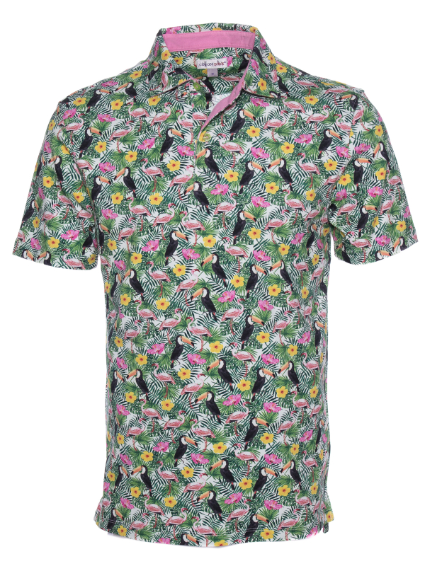 Regular fit polo with toucan and flamingo print
