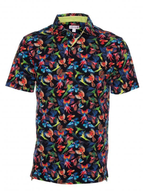 Regular fit polo with multicolor parrot print