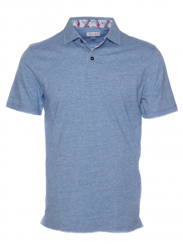 Blue regular fit cotton-blend polo shirt with crane inner lining print