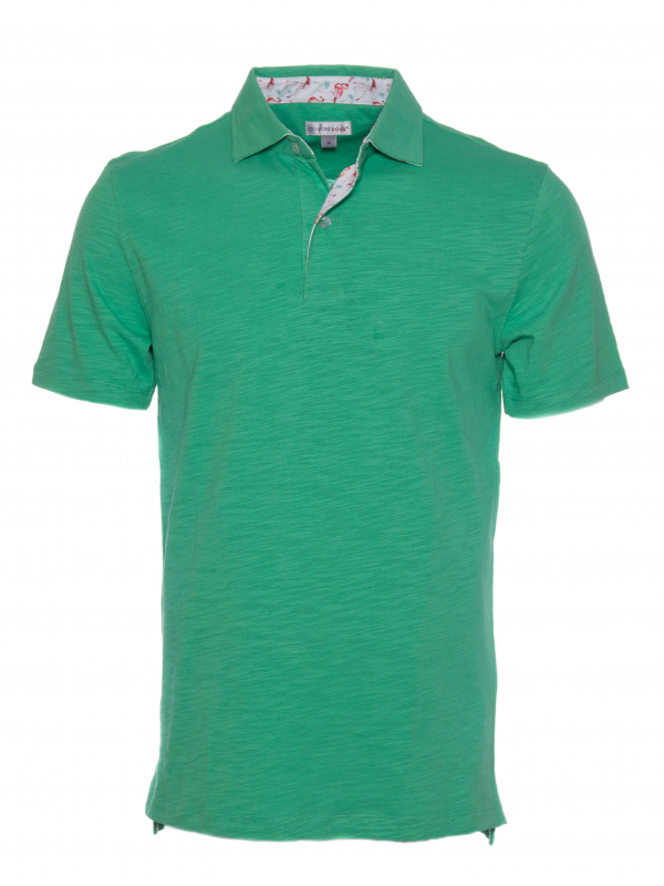 Green regular fit cotton-blend polo shirt with flamingo inner lining print