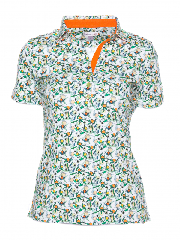 Women's slim fit polo with mirabelle print