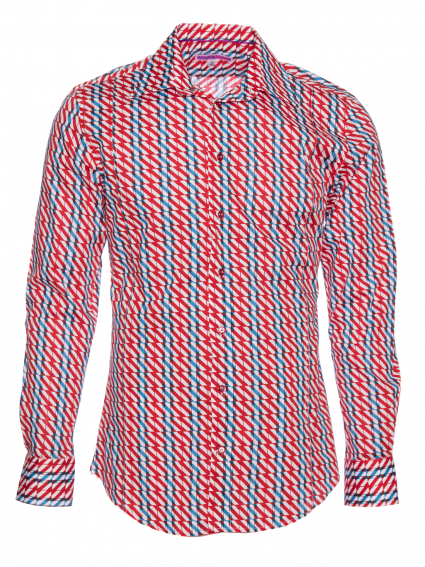 Men's slim fit shirt with red and blue geometrical form print