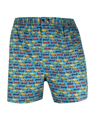 Green boxer short with multicolor cars pattern