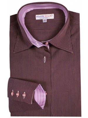 Women's fitted shirt with a stripes against a brown background