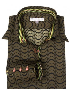 Women's fitted khaki shirt with a black waves pattern.