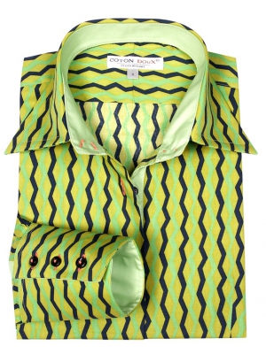 Women's fitted shirt with a stripes against a green background
