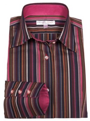 Women's fitted shirt with a stripes against a multicolor background