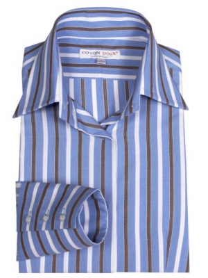 Men's fitted blue shirt with brown and white stripes