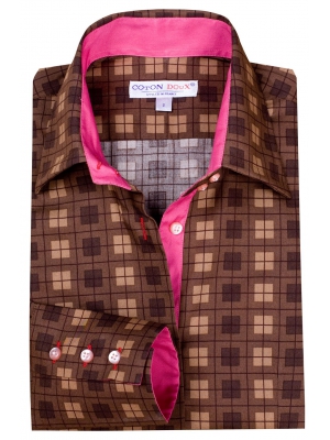 Women's fitted brown shirt with a checked pattern.