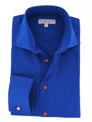 Men's ocean blue shirt, with red buttons and French cuffs