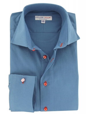 Men's blue shirt with red buttons and French cuffs