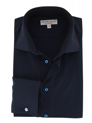 Men's blue shirt with french cuffs and bright buttons