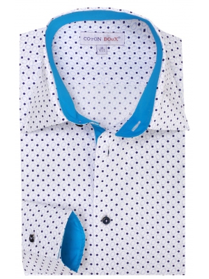 Men's white shirt with blue squares and circles, simple cuffs