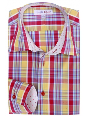 Men's checkered yellow and red simple cuffed shirt