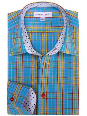 Men's checkered yellow and blue simple cuffed shirt