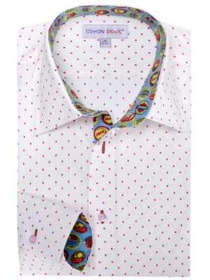 Men's white shirt with small red squares, simple cuffs