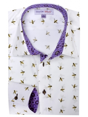 Men's white shirt with small bumblebees, simple cuffs