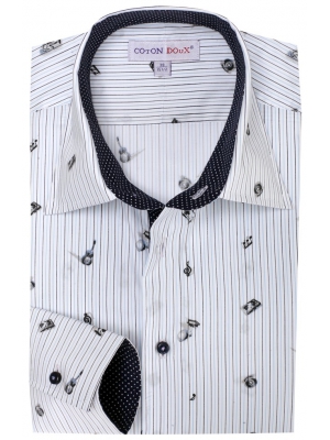 Men's white shirt, striped and with musical patterns, simple cuffs