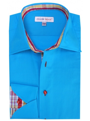 Men's turquoise shirt with a multicolor inner lining, napolitan cuffs
