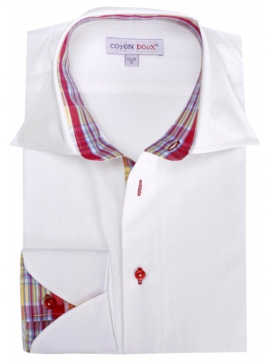Men's white shirt with a red checkered inner lining, napolitan cuffs 