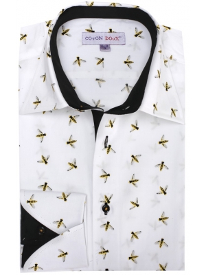 Men's printed white shirt with bees, napolitan cuffs