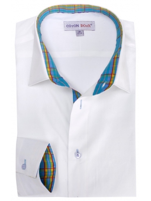 Men's white fitted shirt with checkered inner lining and small collar