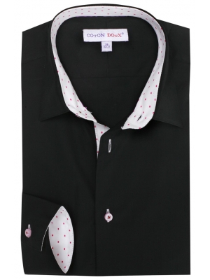 Men's black fitted shirt, small collar, with pink dots on the inner lining