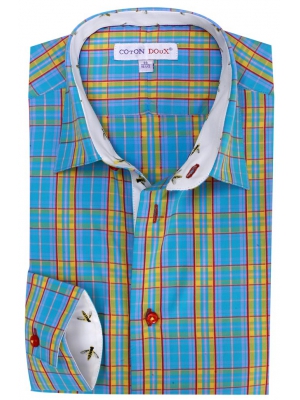 Men's blue checkered fitted shirt, small collar with bee on the inner lining