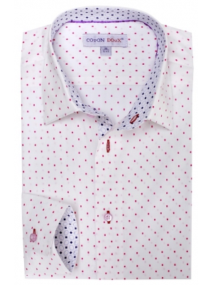 Men's white printed shirt with pink dots, small collar