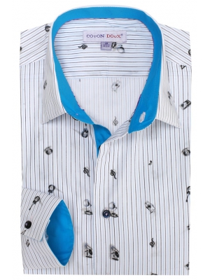 Men's white fitted shirt with musical theme, small collar, blue inner lining 