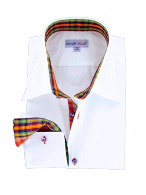 Men's white shirt with a checkered inner lining, simple cuffs