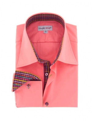 Coral pink men's shirt with a checkered inner lining and simple cuffs