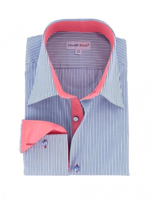 Men's striped blue and whited shirt with a pink inner ling, simple cuffs